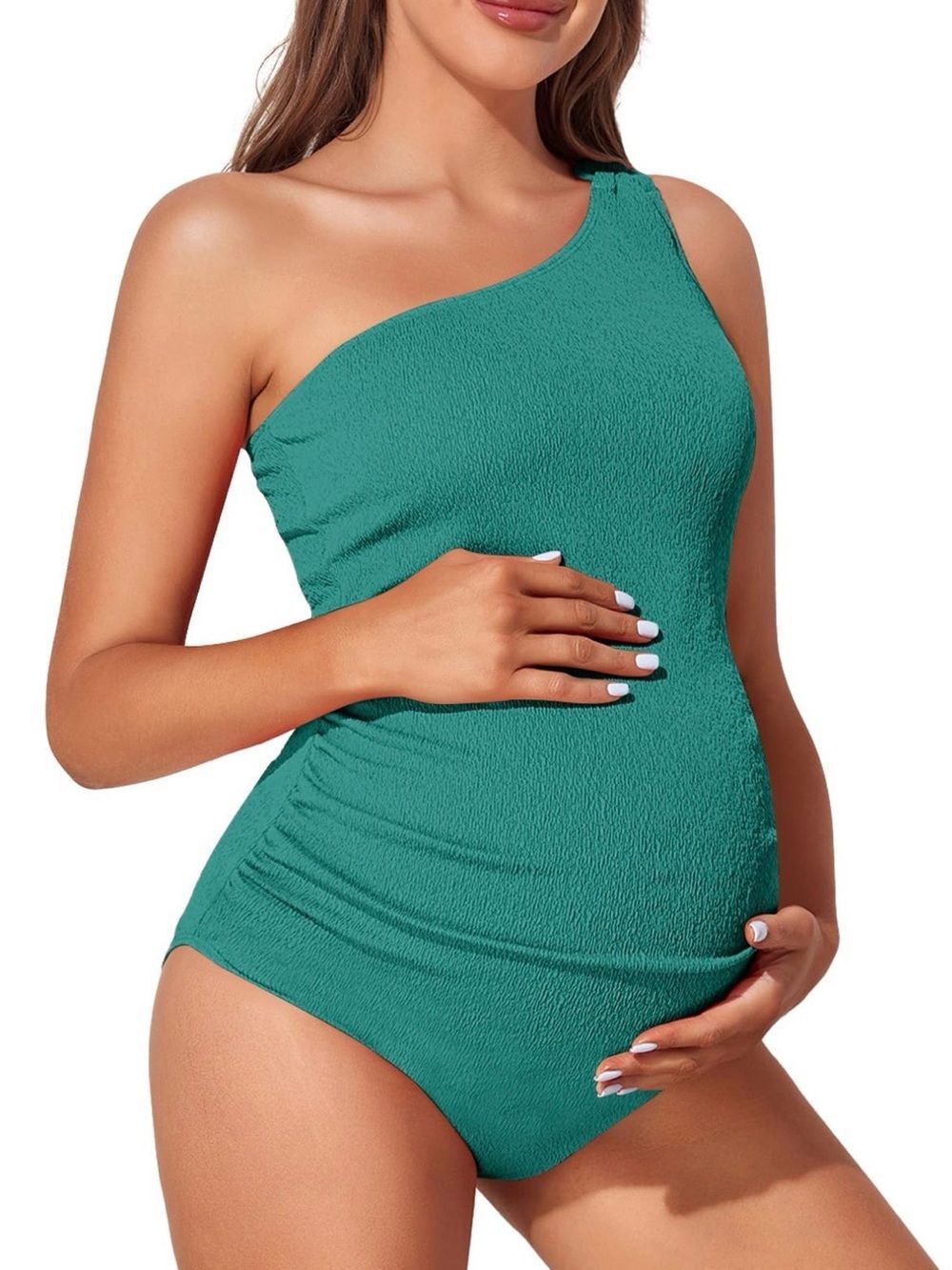 Summer Mae Maternity Swimsuit One Piece One Shoulder Textured Teal Green M NWT